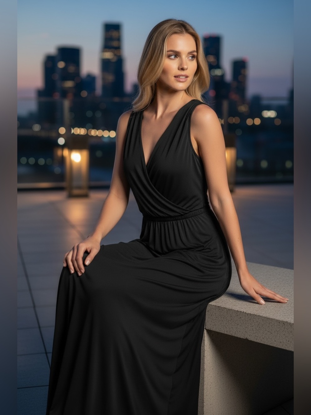 Leota Black Sleeveless Faux-Wrap Maxi Dress